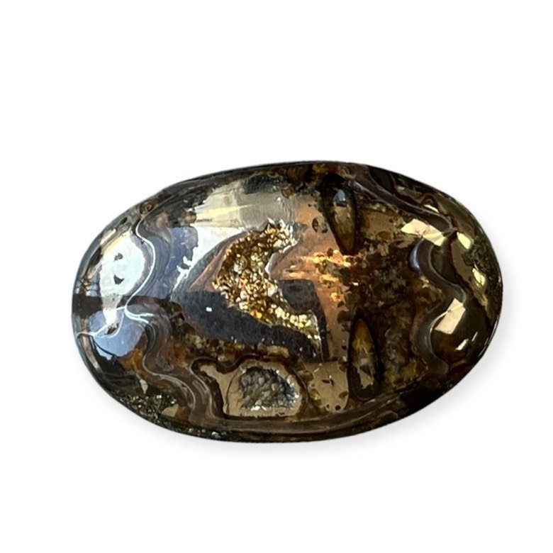 Ammonite pyritisée, AM_P086, taille cabochon, 33x21x6 mm; 7.4g