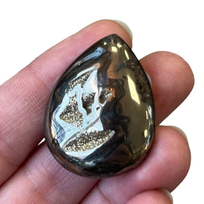 Pyritized ammonite, AM_P031, cabochon size, 34x26x6 mm; 9.7g