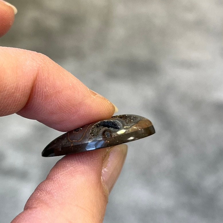 Ammonite pyritisée, AM_P105, taille cabochon, 29x21x6 mm; 5.7g
