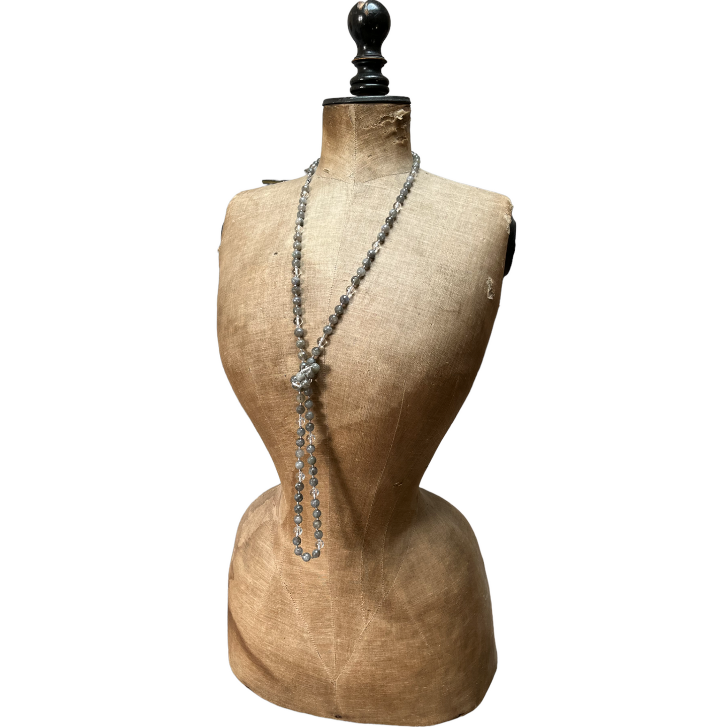 Collier sautoir à noeuds en pierres naturelles  (labradorite, christal de roche, Mala) 116 cm