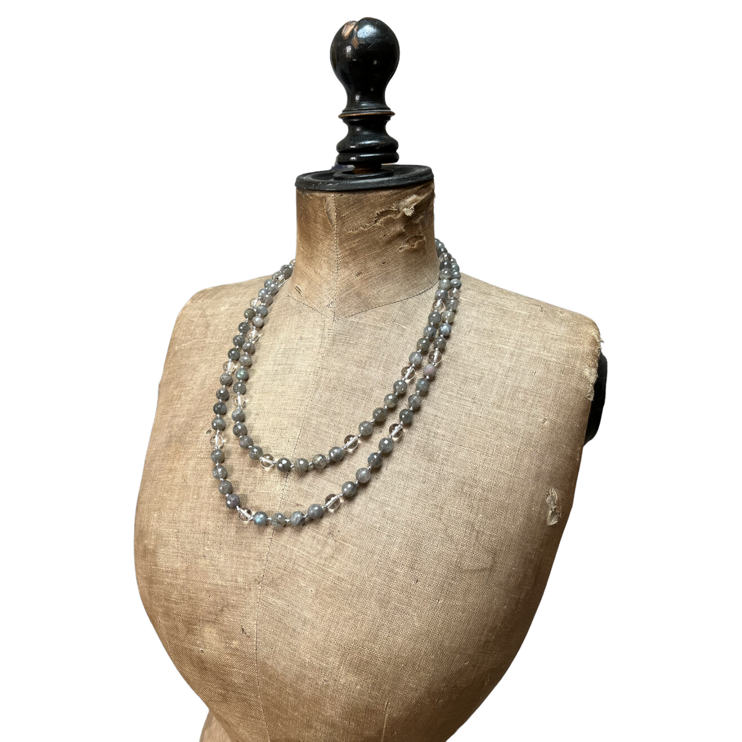 Collier sautoir à noeuds en pierres naturelles  (labradorite, christal de roche, Mala) 116 cm