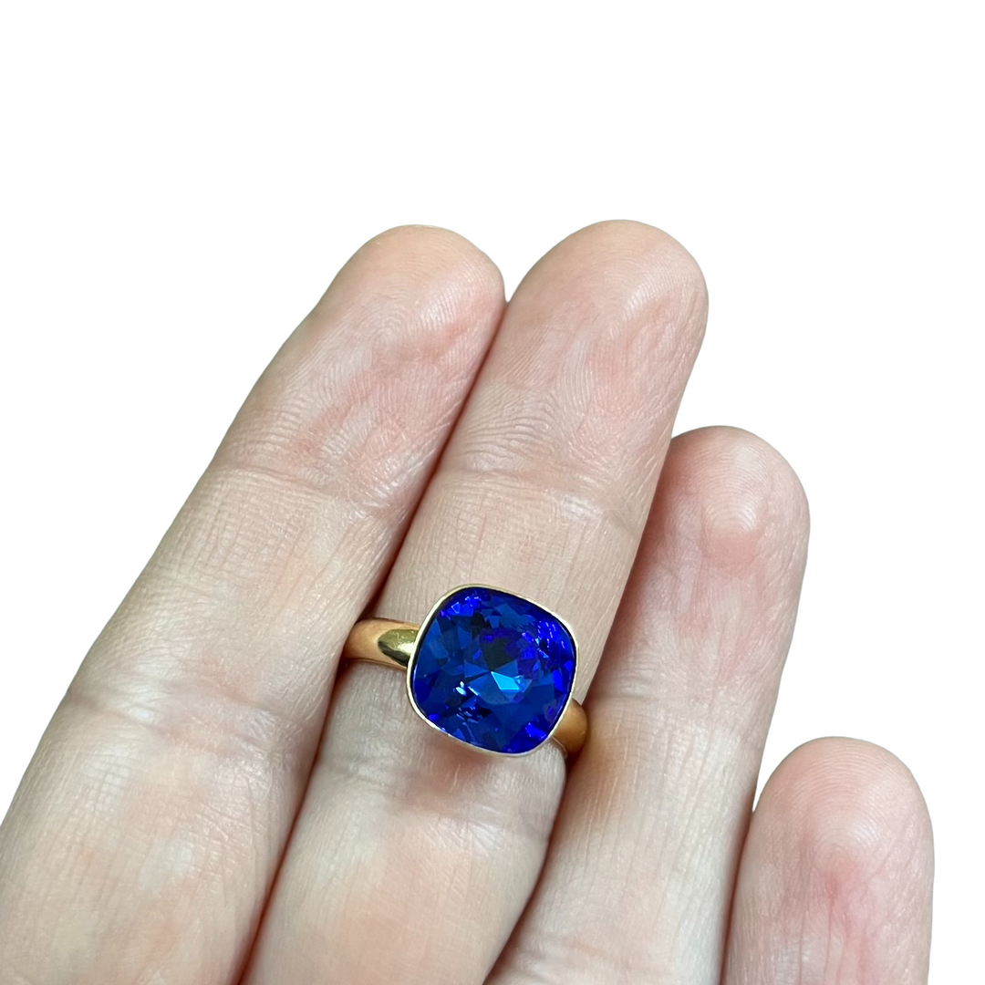 Bague avec cristaux Swarovski, collection KIM, bleu outremer, argent doré