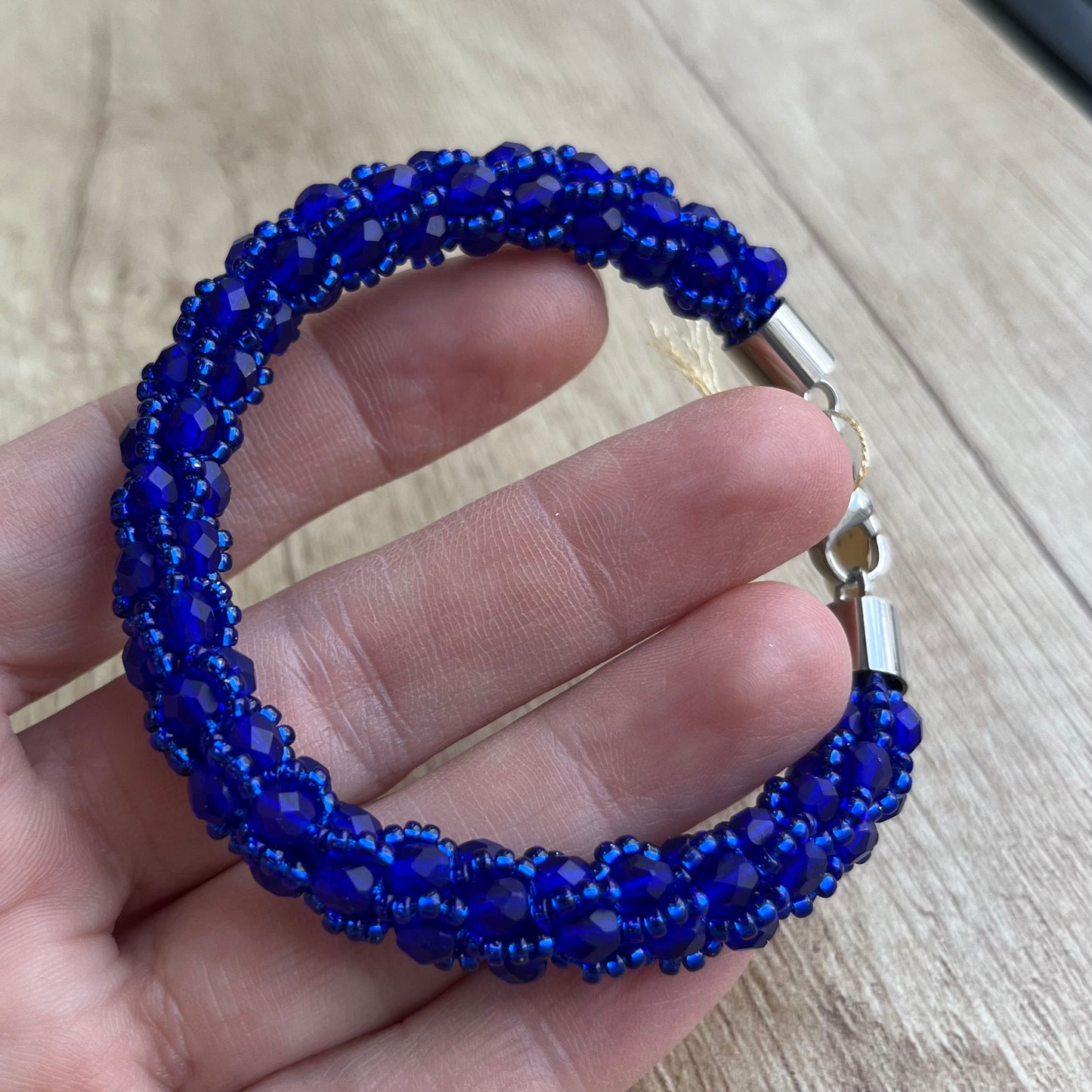 Spiral crochet bracelet with Miyuki beads, cobalt, 18 cm