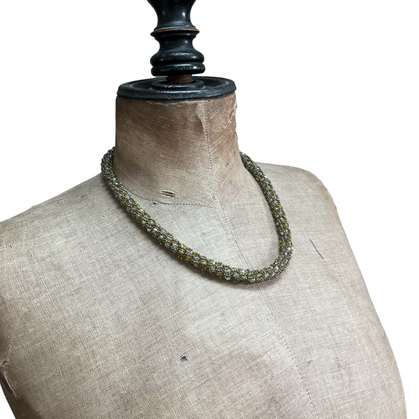 Spiral crochet necklace with Miyuki beads, light green, 46 cm