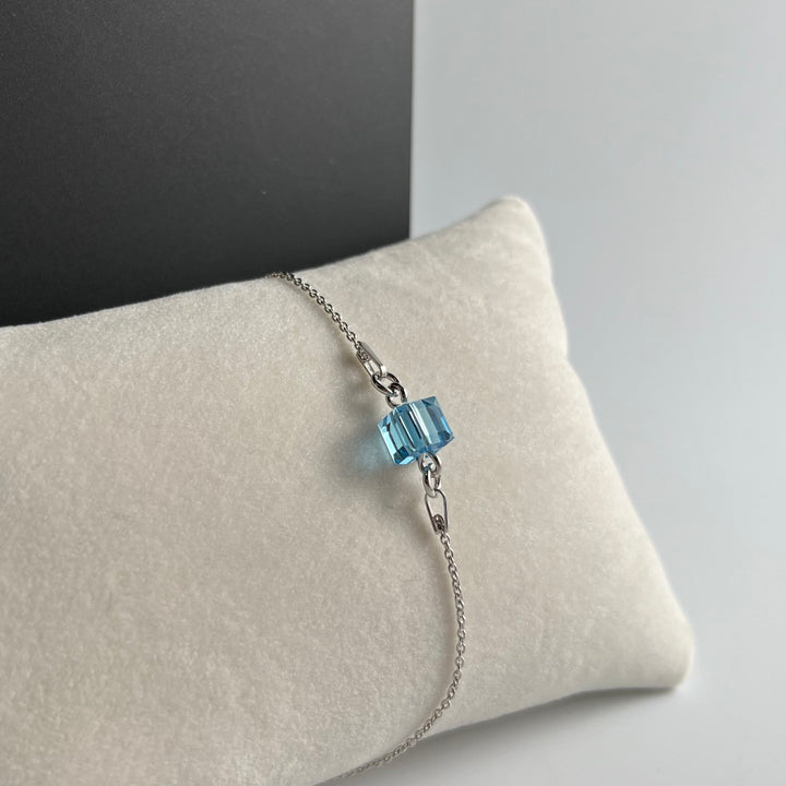 Bracelet with Swarovski crystals, rhodium-plated silver, aquamarine blue, SQUARE