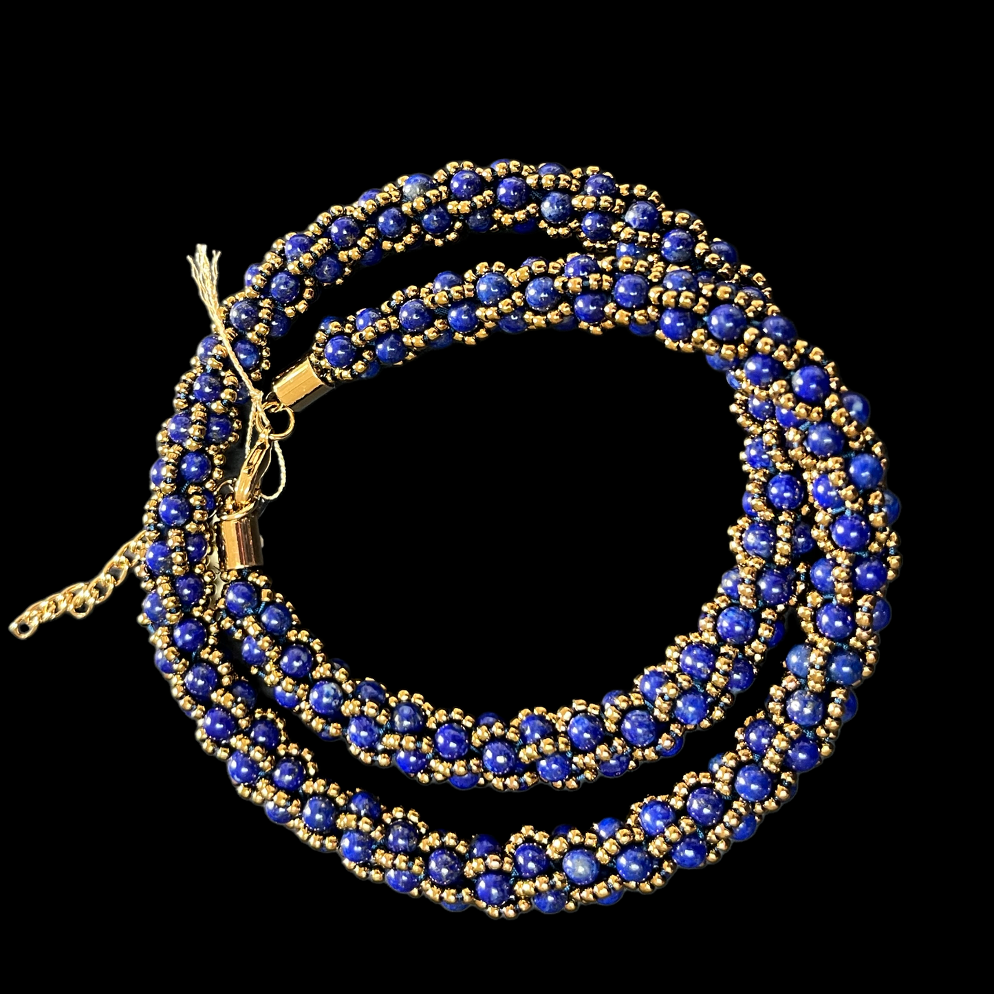 Crochet necklace in lapis lazuli and Miyuki beads, 49 cm