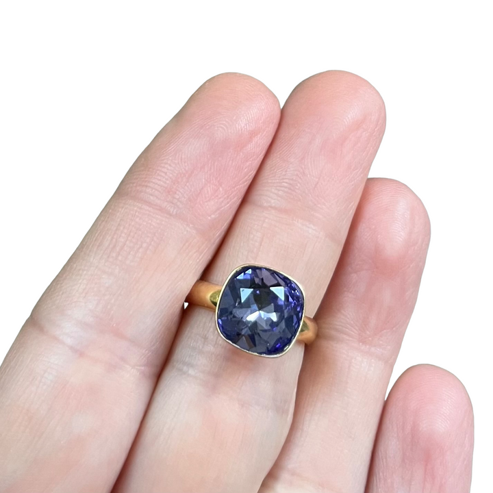 Bague avec cristaux Swarovski, collection KIM, bleu tanzanite, argent doré