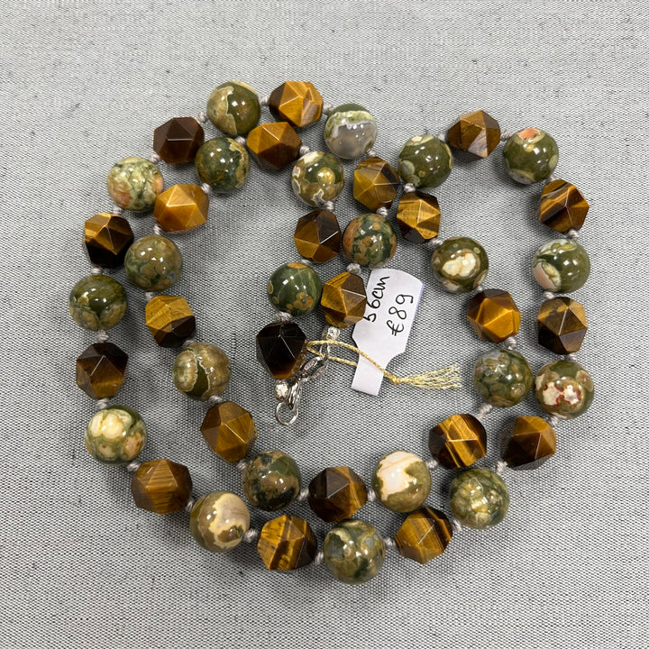 Knotted necklace in natural stones (rhyolite, tiger's eye), mid-length 56 cm