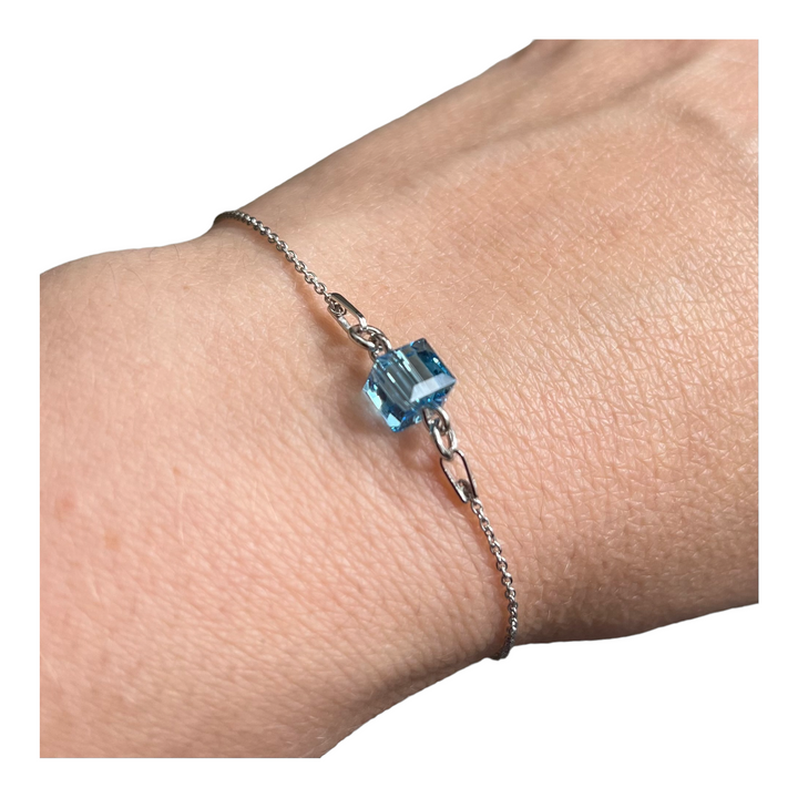 Bracelet with Swarovski crystals, rhodium-plated silver, aquamarine blue, SQUARE