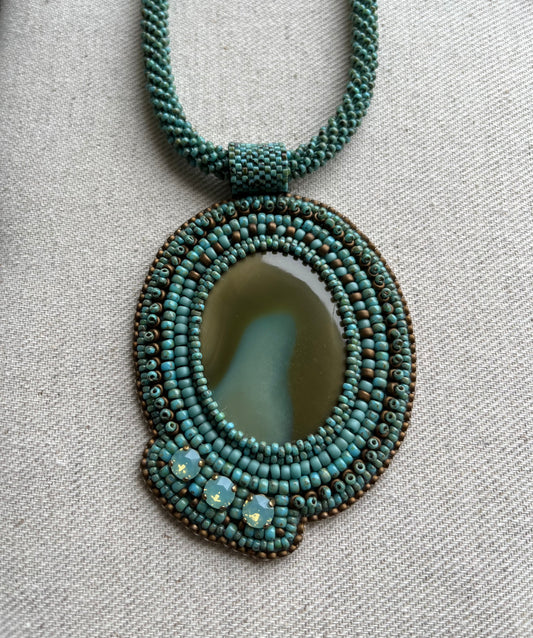 Embroidered necklace with imperial jasper and Swarovski crystals