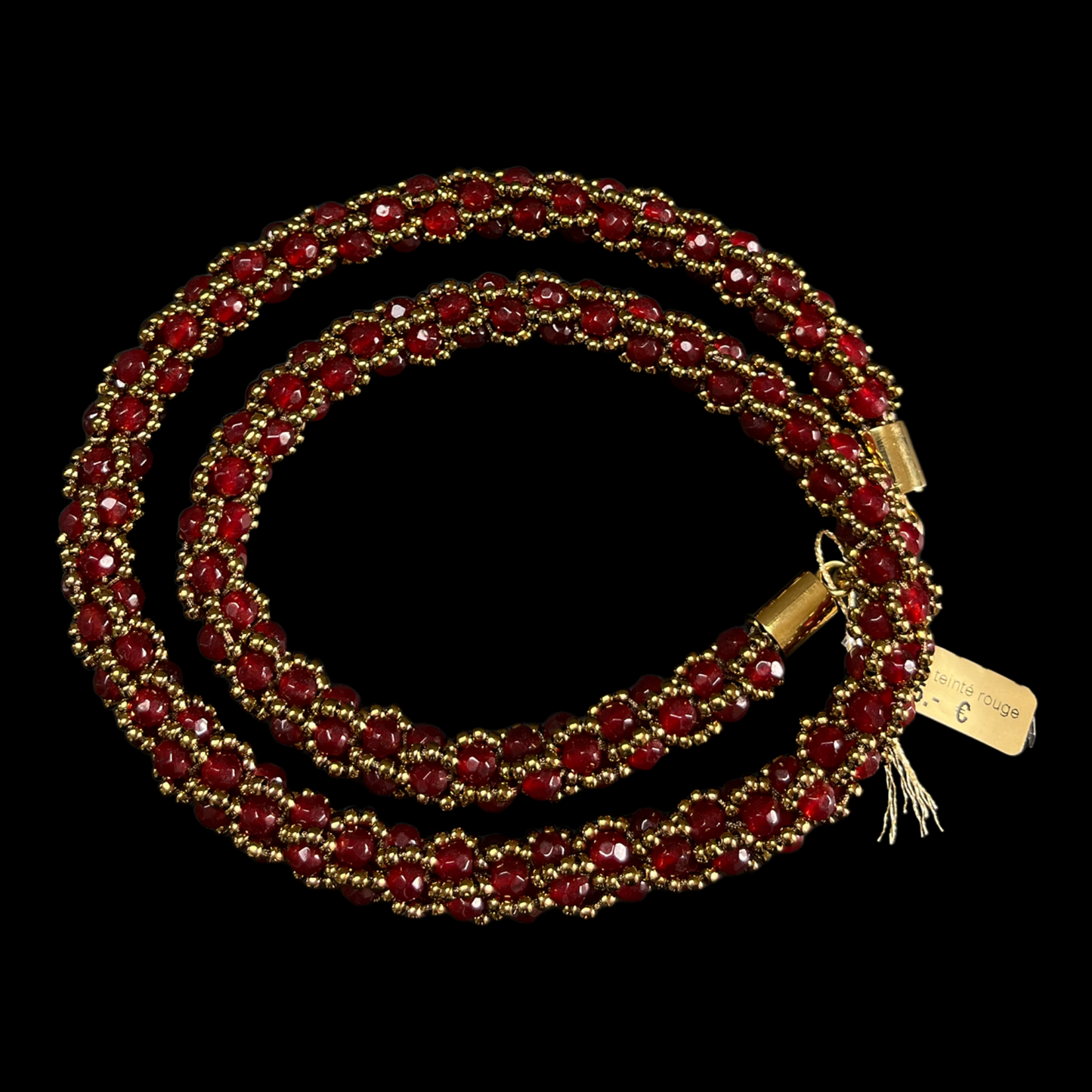 Collier spirale au crochet en perles Miyuki et jade teinté rouge, 50 cm