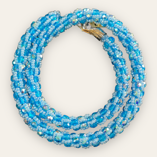 Spiral crochet necklace with Miyuki beads, light blue AB, 46 cm