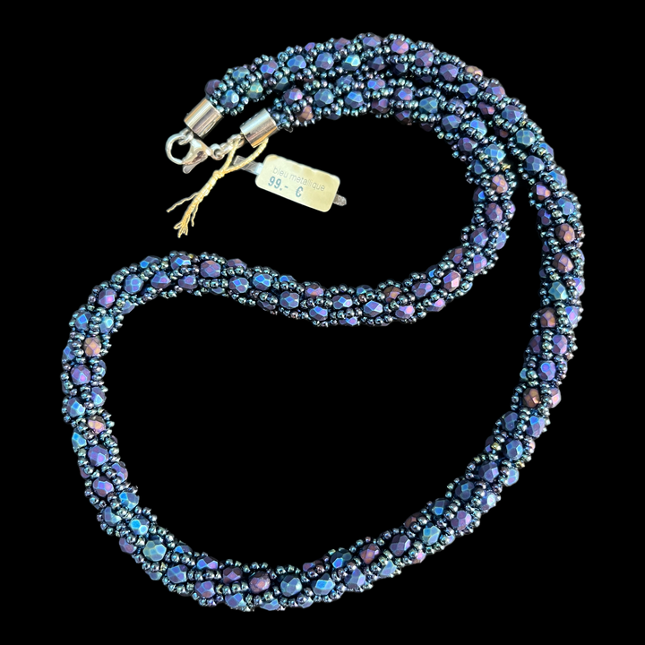 Collier spirale au crochet en perles Miyuki, bleu metallique, 50 cm